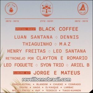 Réveillon 2026 na Praia da Pipa em Tibau do Sul : programação Festival Let's Pipa 2026 . Sortimentos Programação Réveillon 2026 . Réveillon no Rio Grande do Norte . Réveillon em Tibau do Sul . Entre os dias 27 de dezembro de 2025 e 2 de janeiro de 2026, acontece na Praia da Pipa, em Tibau do Sul, no litoral do Rio Grande do Norte, o festival de música Let's Pipa, que contará com apresentações de DJ's e artistas nacionais como Luan Santana, Thiaguinho, Jorge & Mateus, Léo Santana e Henry Freitas. Programação Let's Pipa 2026 27/12 – Salt: Luan Santana 28/12 – Winds: Léo Foguete e Syon Trio 28/12 – Let’s Club (Retronejo): Clayton e Romário 29/12 – Colors: Léo Santana e Ariel B 29/12 – Let’s Club: Henry Freitas 30/12 – Trops: DJ Black Coffee 30/12 – Let’s Club: Thiaguinho 31/12 – Réveillon: Dennis e Mas 02/01 – 7 Ondas: Jorge & Mateus Atrações adicionais: Banda Astral, Blandim, Chueke, Conrado Davini, Haga, DJ Kaique, Johnny Frazão, Larbac, Michel Freigi, Ray, Tedesco e Tiago Kuhnen. Ingressos e mais informações no perfil oficial do festival no Instagram : @letspipa Praia de Pipa : como chegar A Praia de Pipa fica no estado do Rio Grande do Norte, a uns 80km da capital Natal. Você pode escolher um vôo que chegue por Natal ou por João Pessoa, e de lá pegar um transfer até Pipa. A Praia de Pipa possui diversas opções de hospedagem, para todos os gostos e bolsos. Como é uma área muito turística, os preços acabam subindo bastante nessa época de Réveillon, mas você consegue encontrar desde pousadas simples que oferecem o básico como quarto com ar condicionado e banheiro, até resorts com apartamentos luxuosos, jacuzzis particulares e área comum com piscinas e festas. Praia de Pipa Réveillon - Praia de Pipa Réveillon 2026 - Réveillon Praia de Pipa - Réveillon de Tibau do Sul - Tibau do Sul Réveillon - Tibau do Sul Réveillon 2026 - Réveillon em Tibau do Sul Réveillon na Praia de Pipa em Tibau do Sul #Réveillon #Réveillon2026 #TimbaudoSul #PraiadePipa #AnoNovo #ViradadeAno #TimbaudoSulRéveillon #PraiadePipaRéveillon #RéveillonTimbaudoSul #RéveillonPraiadePipa #TimbaudoSulRéveillon2026 #PraiadePipaRéveillon2026 #RéveillonnoNordeste #RéveillonnoBrasil #RéveillonnaPraia #NordesteRéveillon2026 #RéveillonnoLitoral #RéveillonBeiraMar Réveillon : dicas, informações e cuidados importantes para as festas na virada de ano Especial Virada de Ano nos sites Sortimentos Eventos e Réveillon no Brasil Opções de evento público e gratuito na virada de ano Festas privadas e pagas no Réveillon 2026 Queima de fogos ou espetáculo de luzes na virada de ano Apoio : Divulgação Turística e Temporada Verão