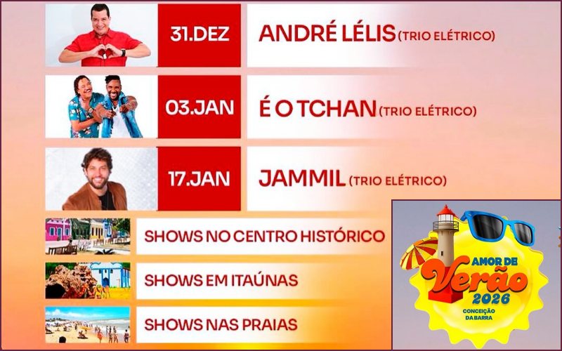 Conceição da Barra Réveillon 2026 : shows, festas e queima de fogos na virada de ano em Conceição da Barra